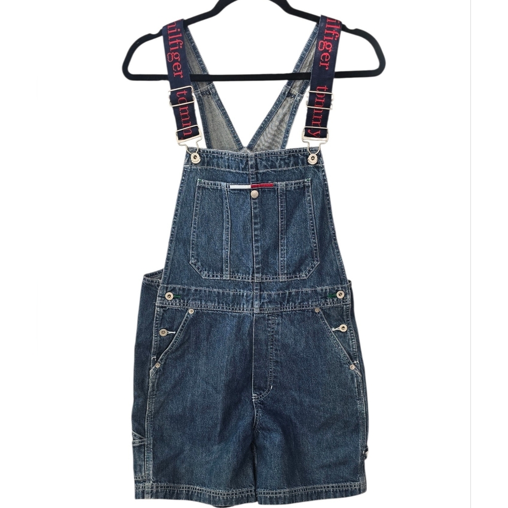 Tommy Hilfiger Denim Short Overalls Womens XS Vintage 90s Logo Strap Bib Shorts